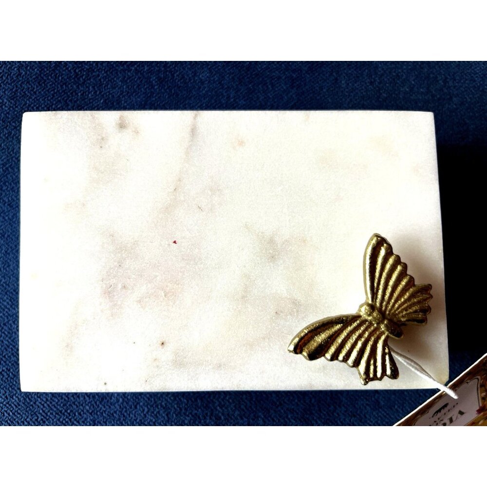 White Marble Jewelry Trinket Alabaster Box Gold Butterfly Accent 5.75" x 4" x 2"